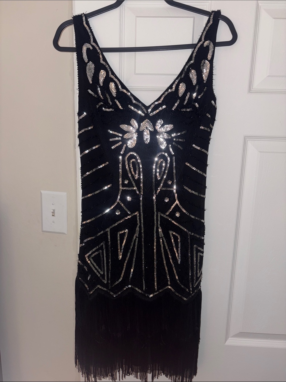 Black Sequin Fringe V-Neck Party Dress
